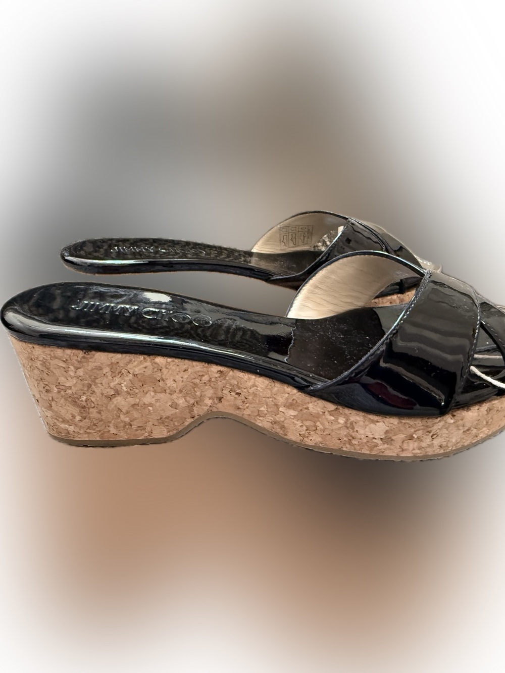 NEW!! Jimmy Choo Black Patent Cork Wedge Mules